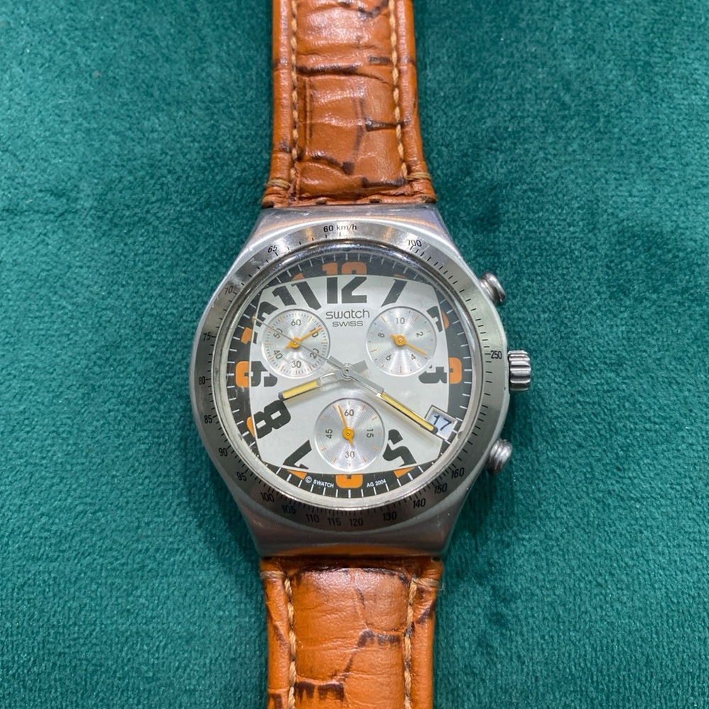 Swatch Chronograph Watch with Brown Leather Strap Swiss Quartz